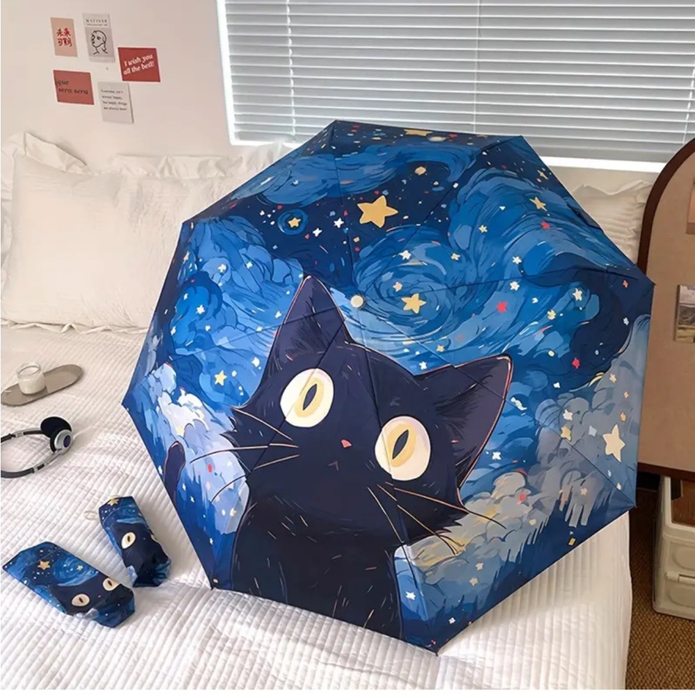 Black Cat Starry Nite Portable Foldable Novelty Umbrella w Matching Sleeve